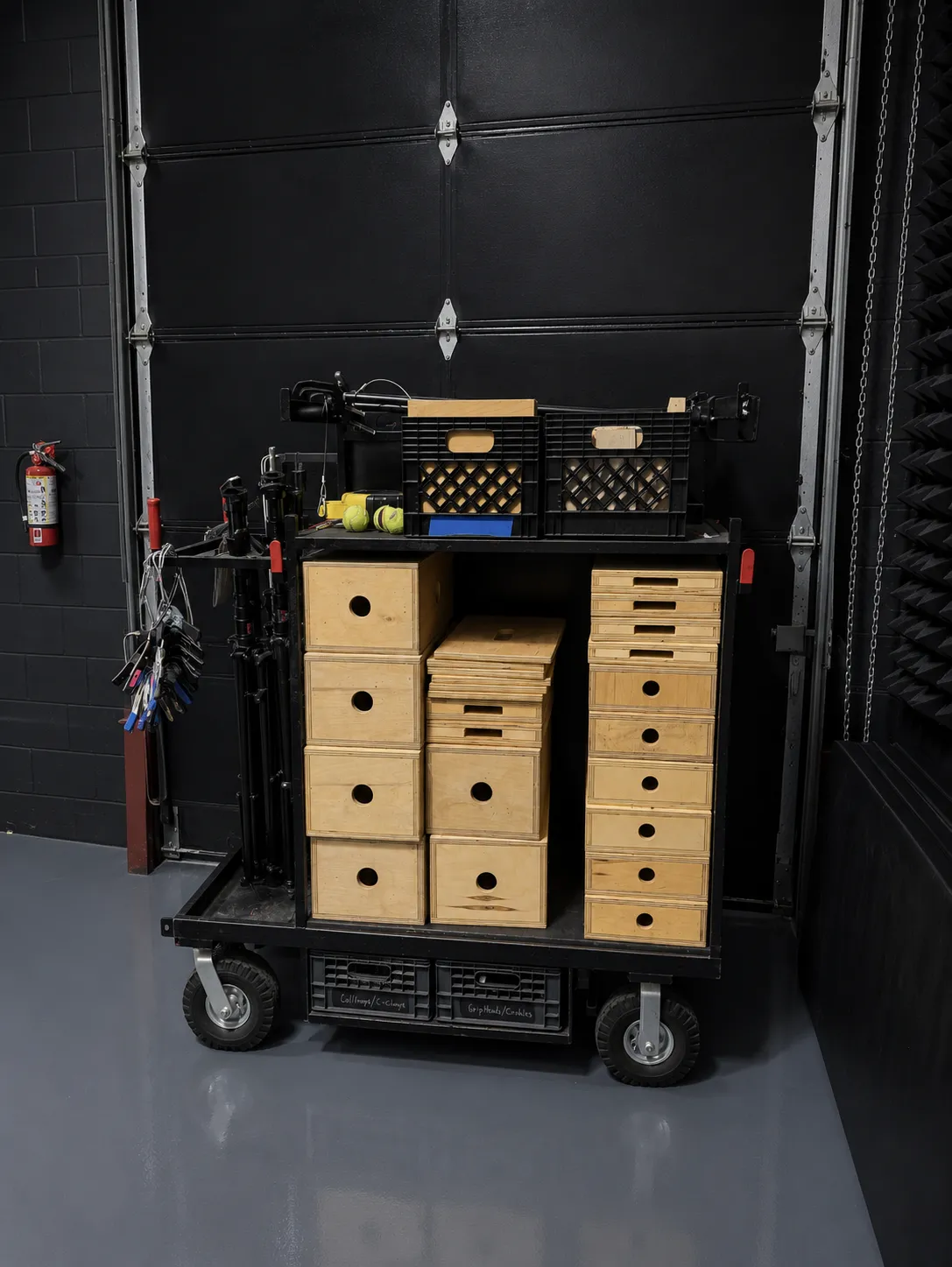 A loaded grip cart with apple boxes at Viva Studios