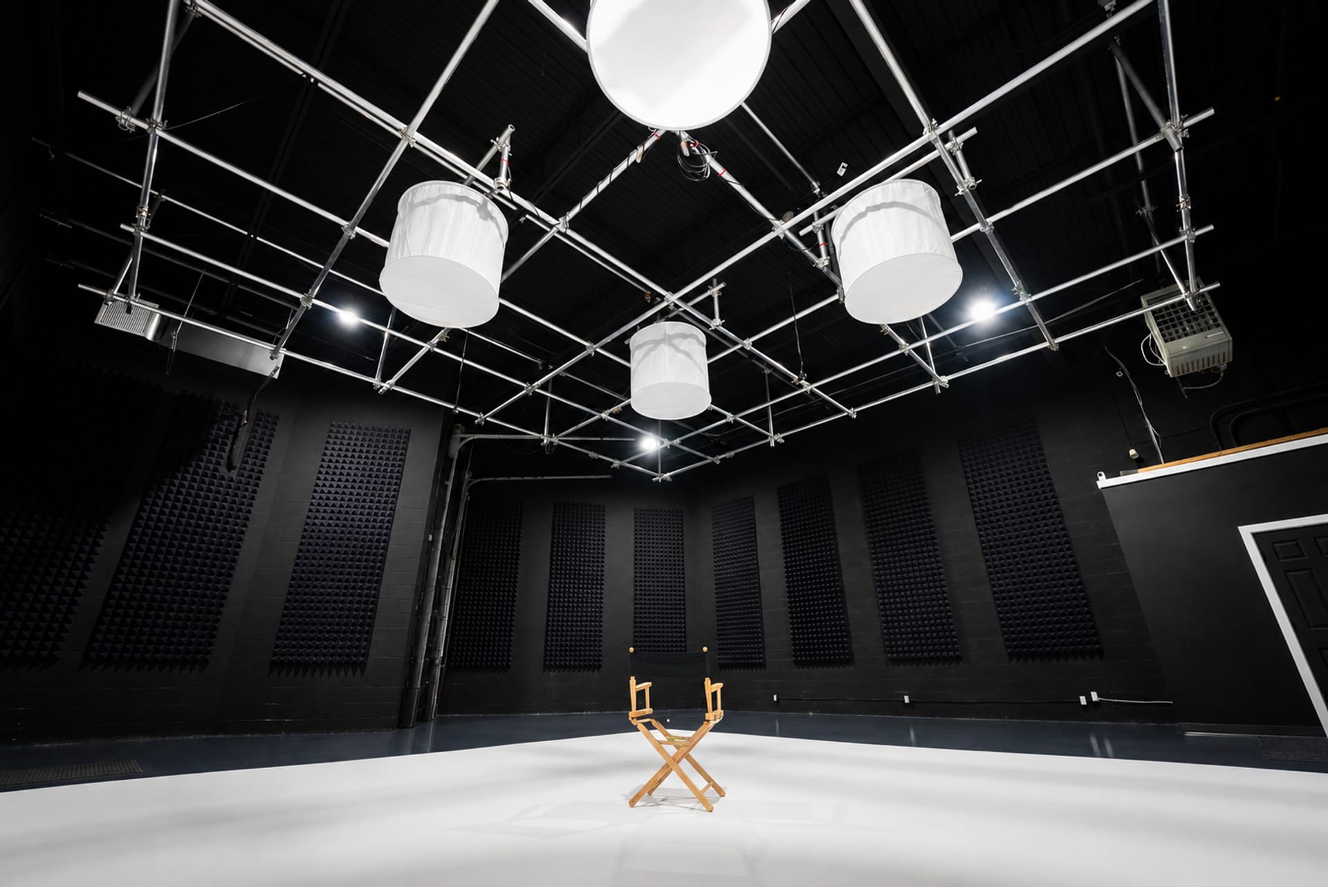 Lighting rigged overhead on the soundstage grid at Viva Studios