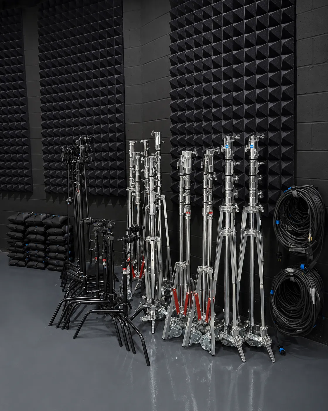 C-stands, combo stands, and sandbags staged at Viva Studios